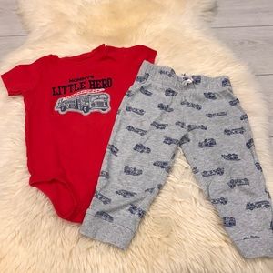 Carter’s Firetruck Matching Set Onesie and Sweatpants in Gray/Red size 24M